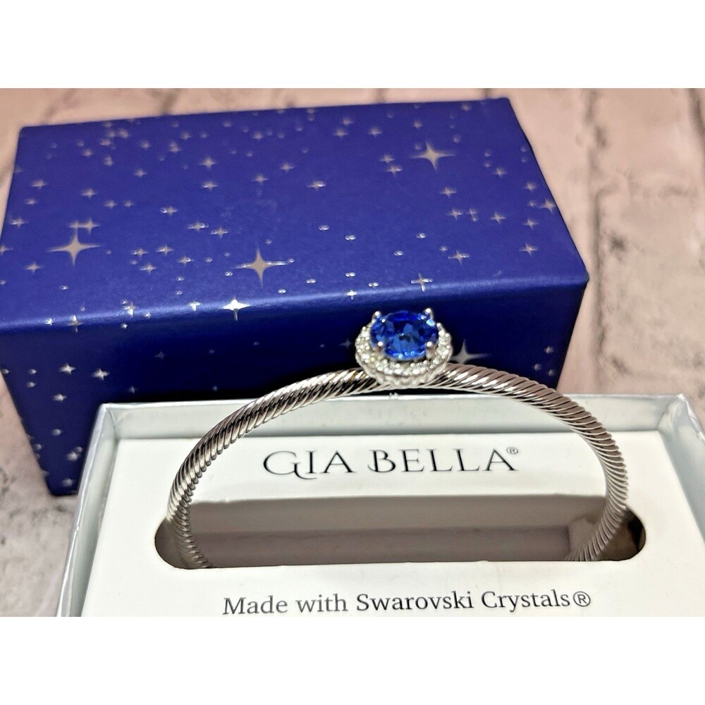 Gia Bella Blue Swarovski Crystals Silver-Colored Cable Bangle Bracelet
